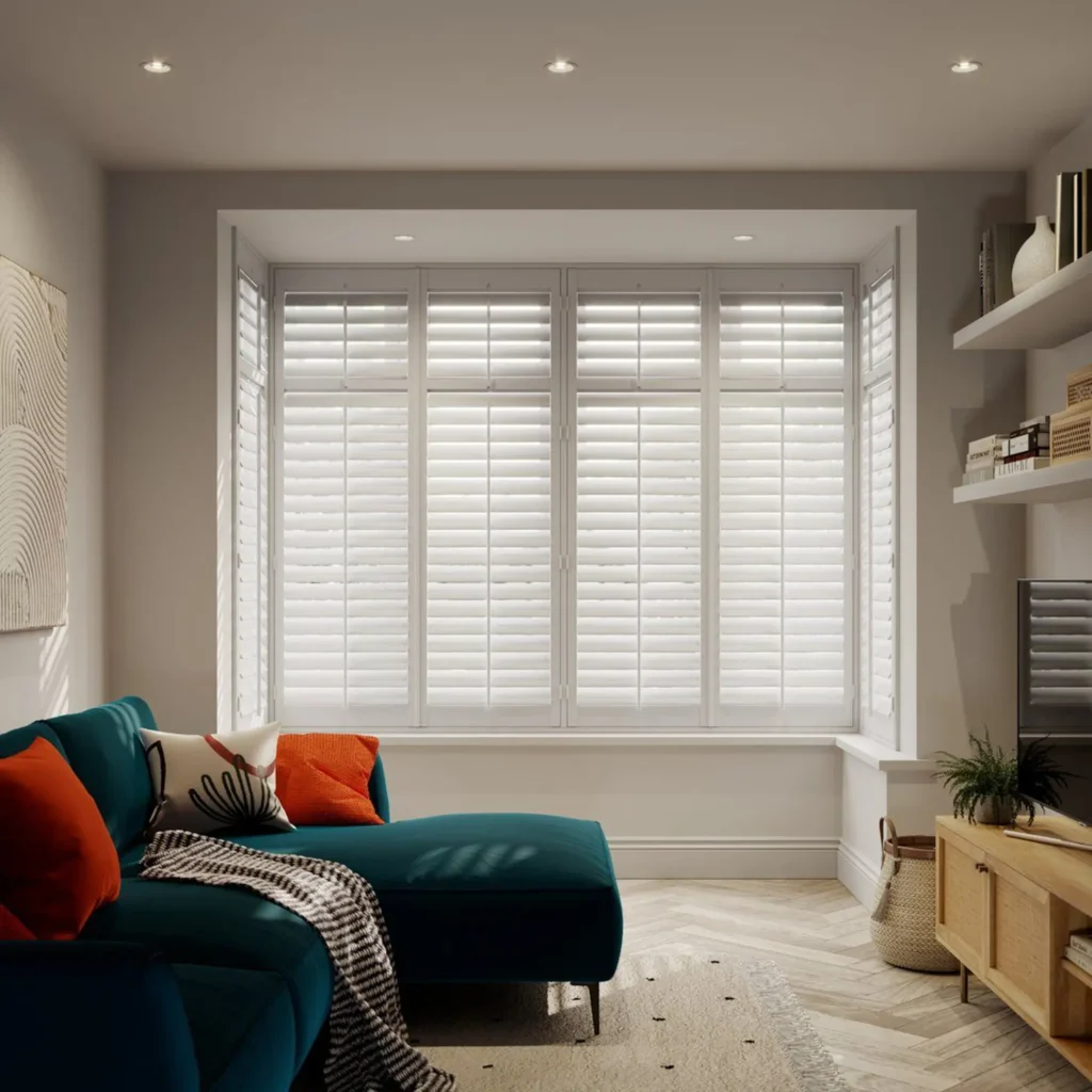 Fitted window shutters in Fobbing featuring white plantation shutters on a bay window with teal sofa and orange accent pillows