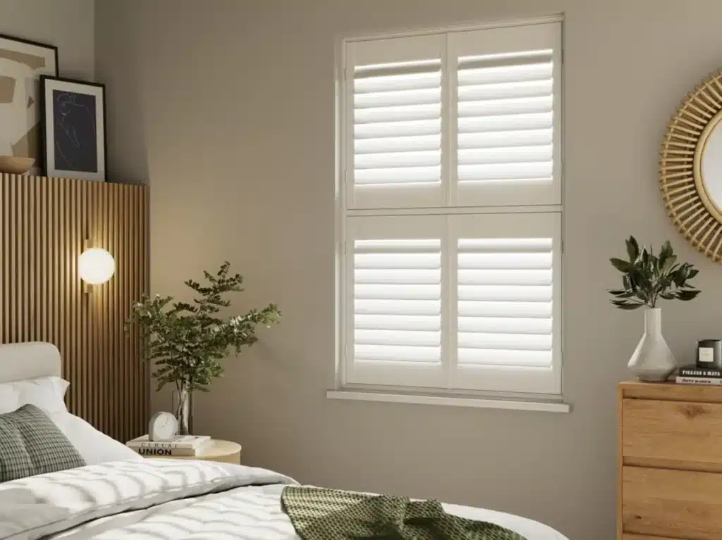 Tier-on-tier shutters allowing adaptable light entry for a serene bedroom environment.