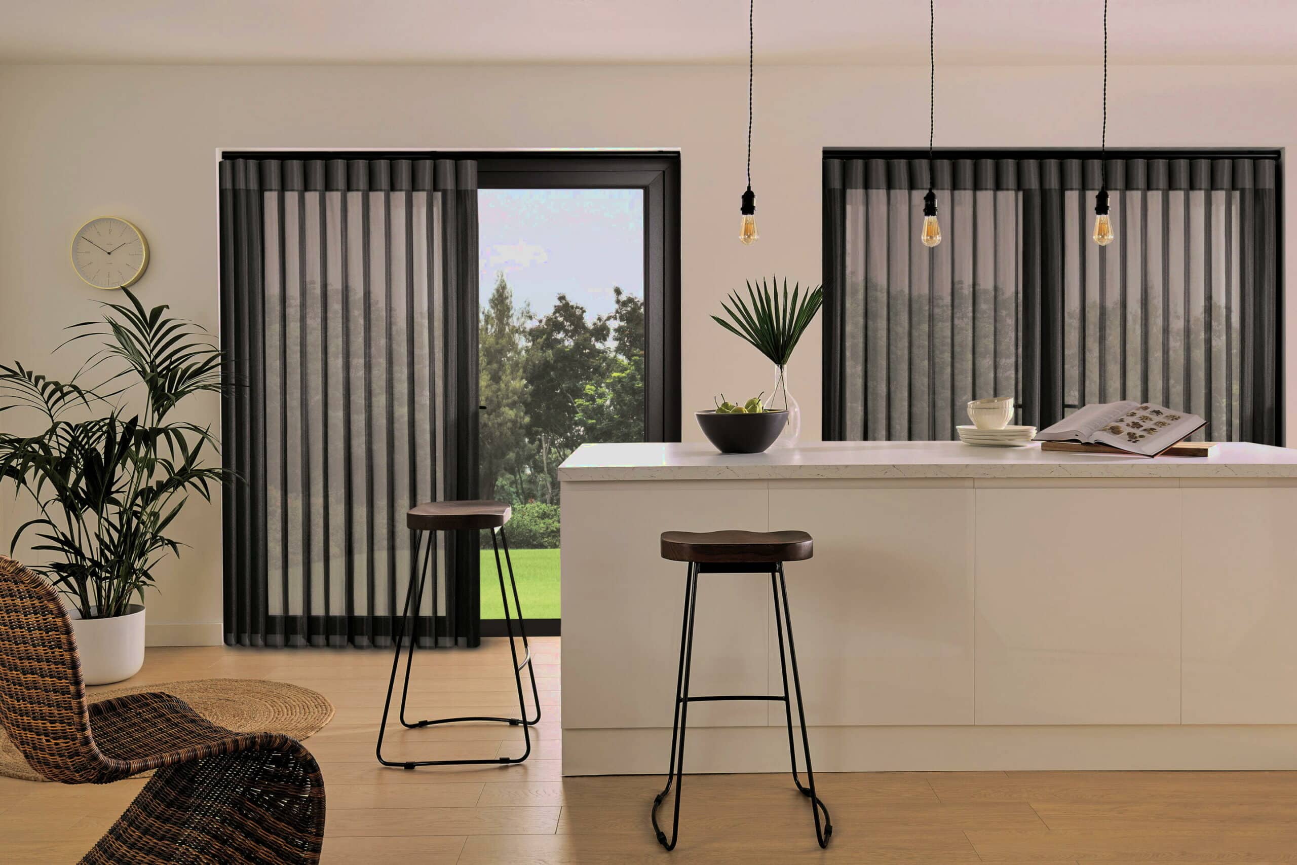 Shutter Installation Cost In Ingrave - Contemporary kitchen featuring bespoke black shutters by London Essex Shutters and Blinds