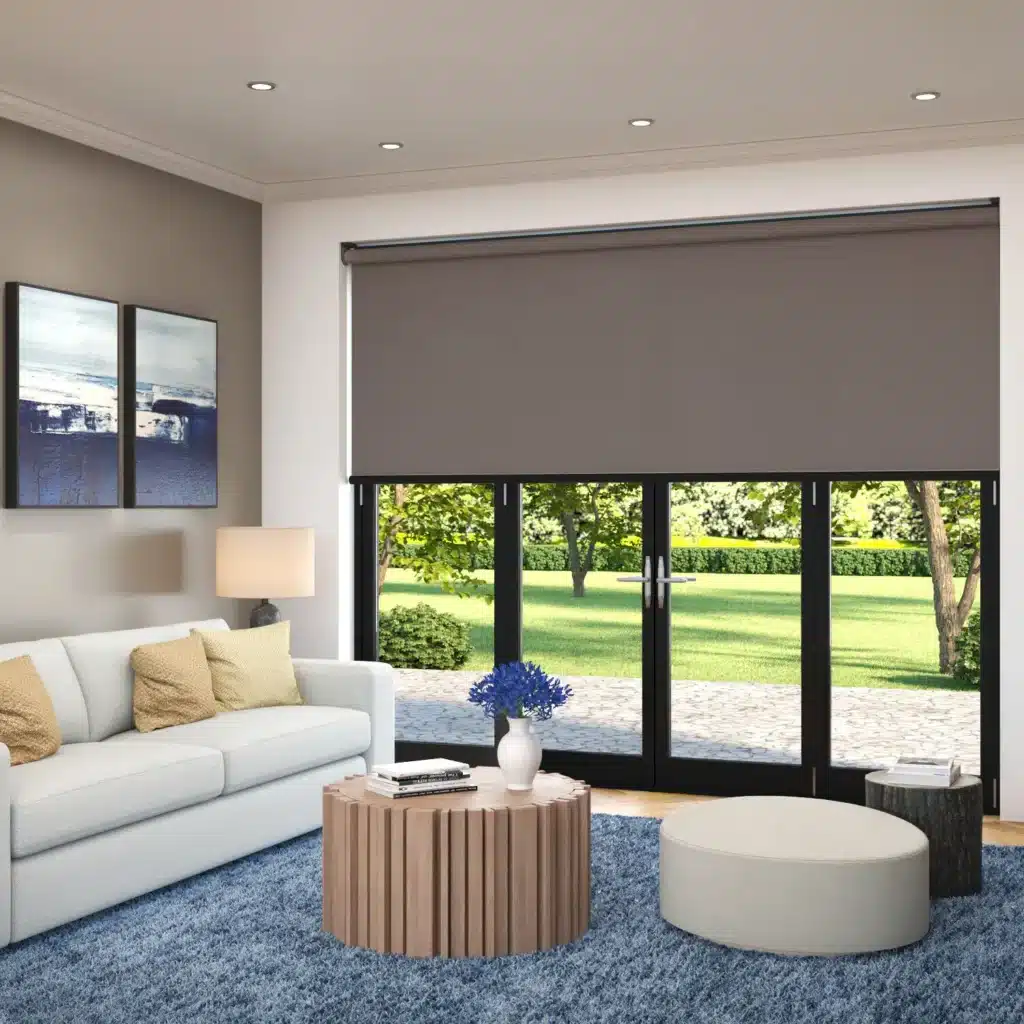 Nature view with automated plantation shutters providing adjustable privacy.