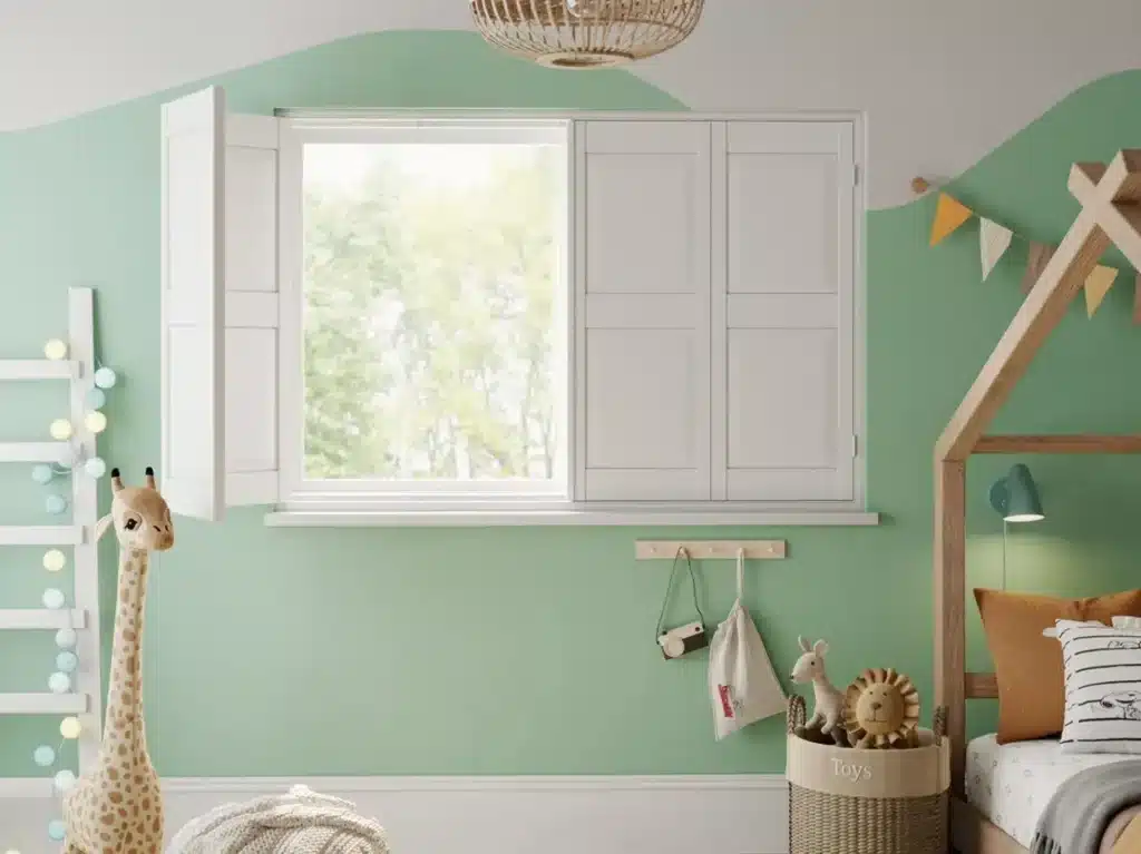 Professional shutter installation in Vange featuring stylish window shutters in a children's room