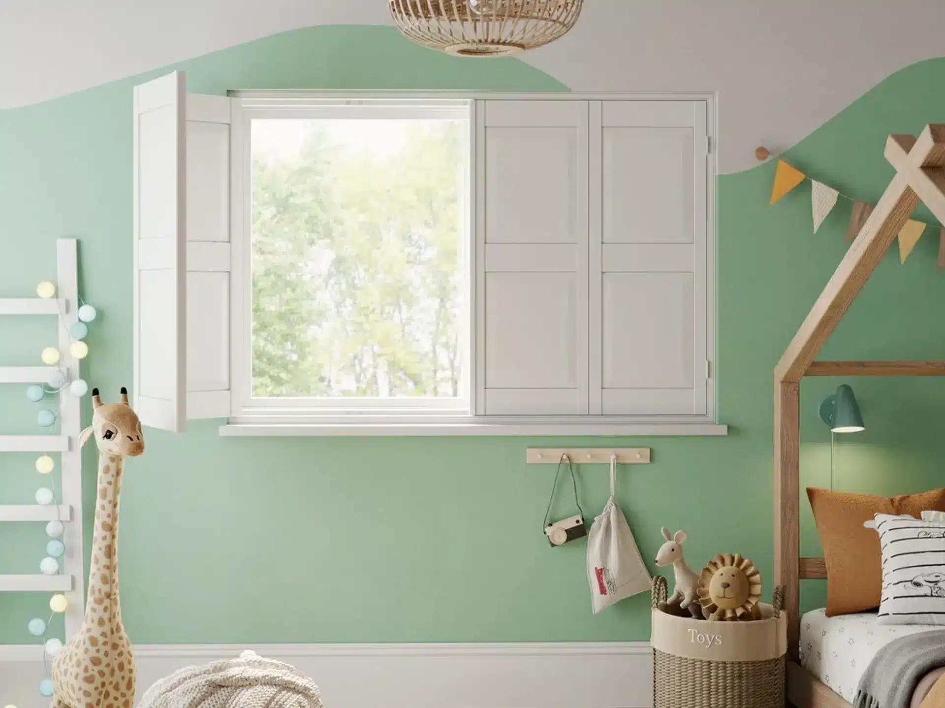 Professional shutter installation in Vange featuring stylish window shutters in a children's room