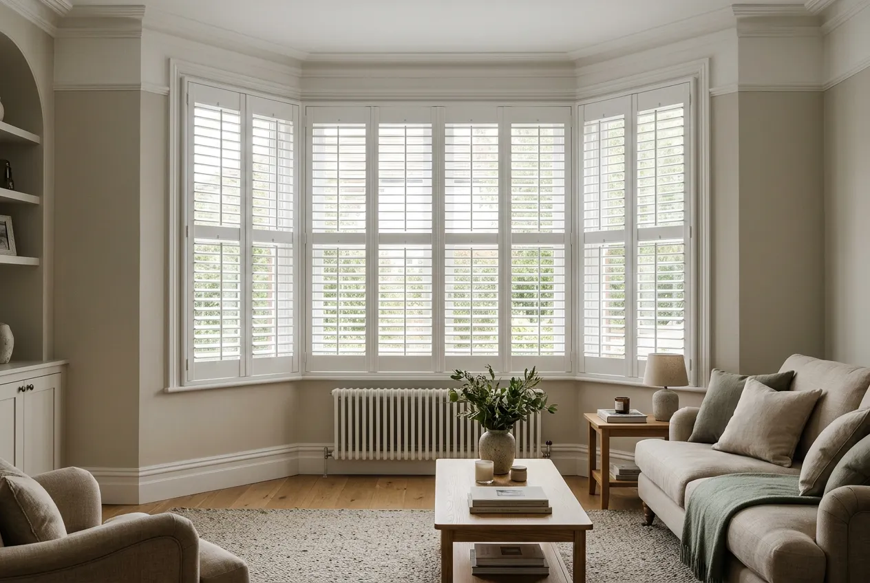 AI-generated design illustration of white full-height shutters in a bay window