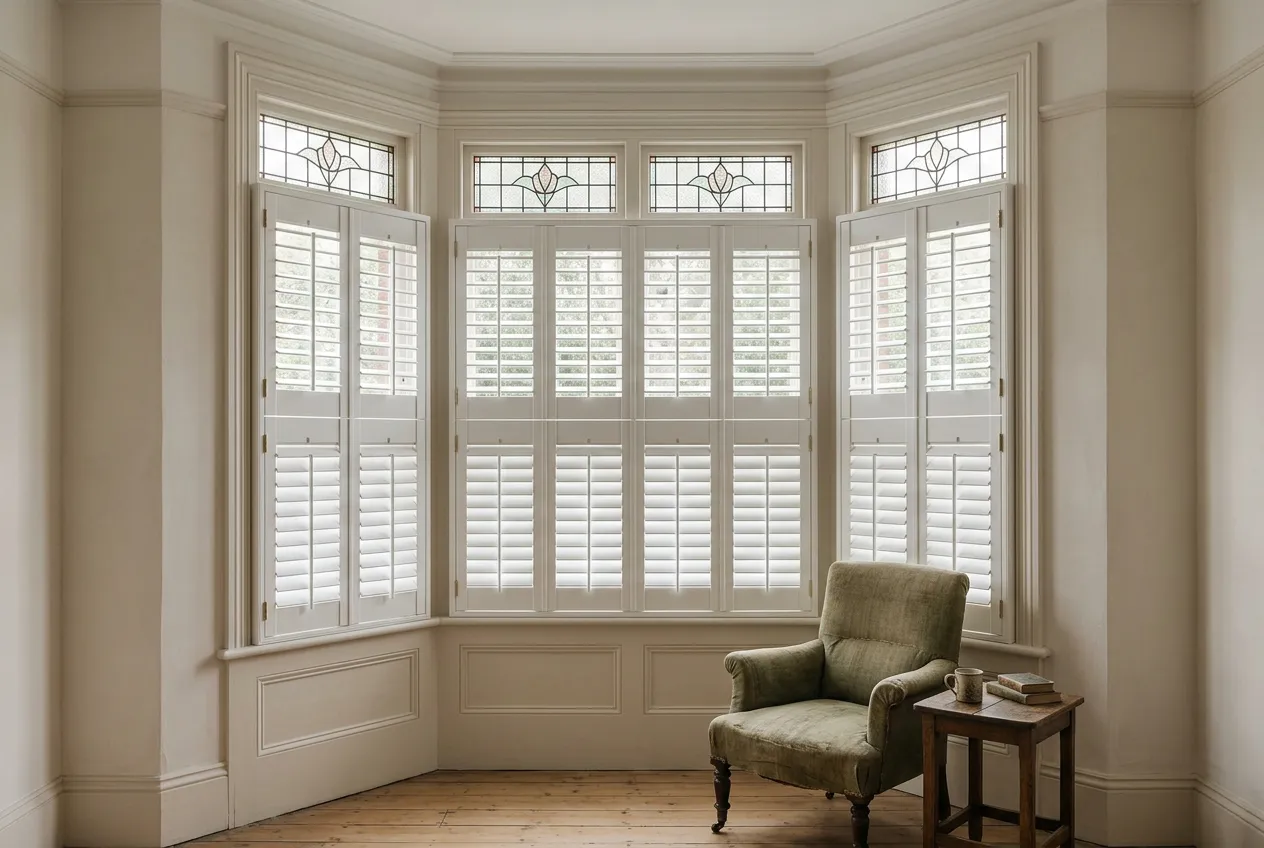 AI-generated design illustration of tier-on-tier shutters beneath decorative stained-glass fanlights
